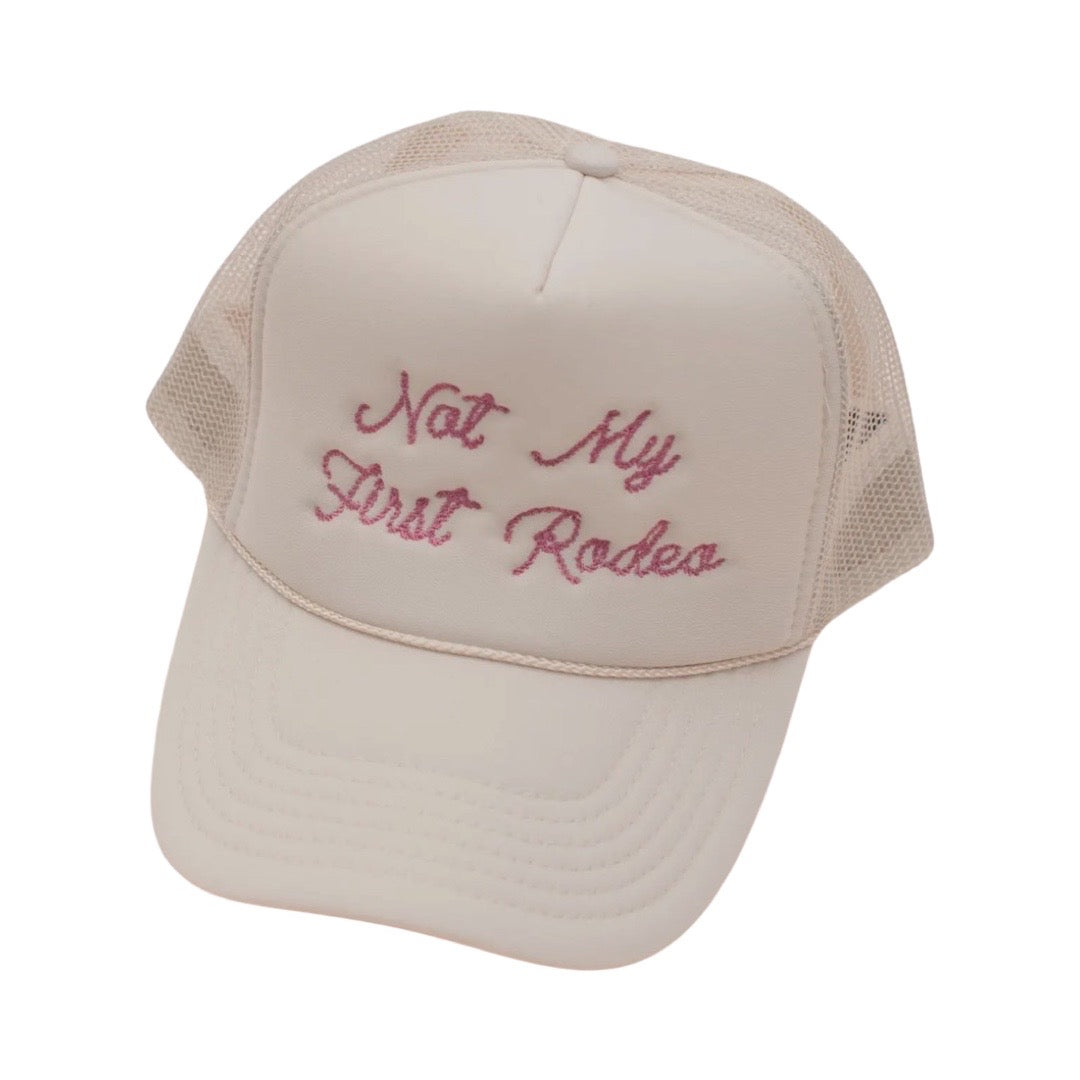 Not My First Rodeo Embroidered Hat in Pink Stitching