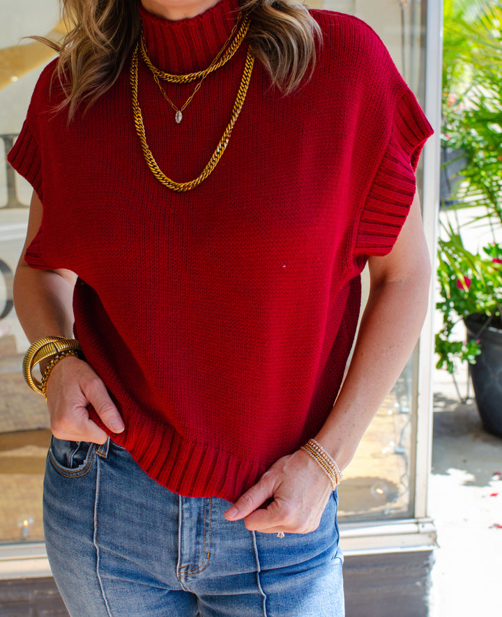 Striking Moment Mock Neck Short Sleeve Knit Top in Burgundy