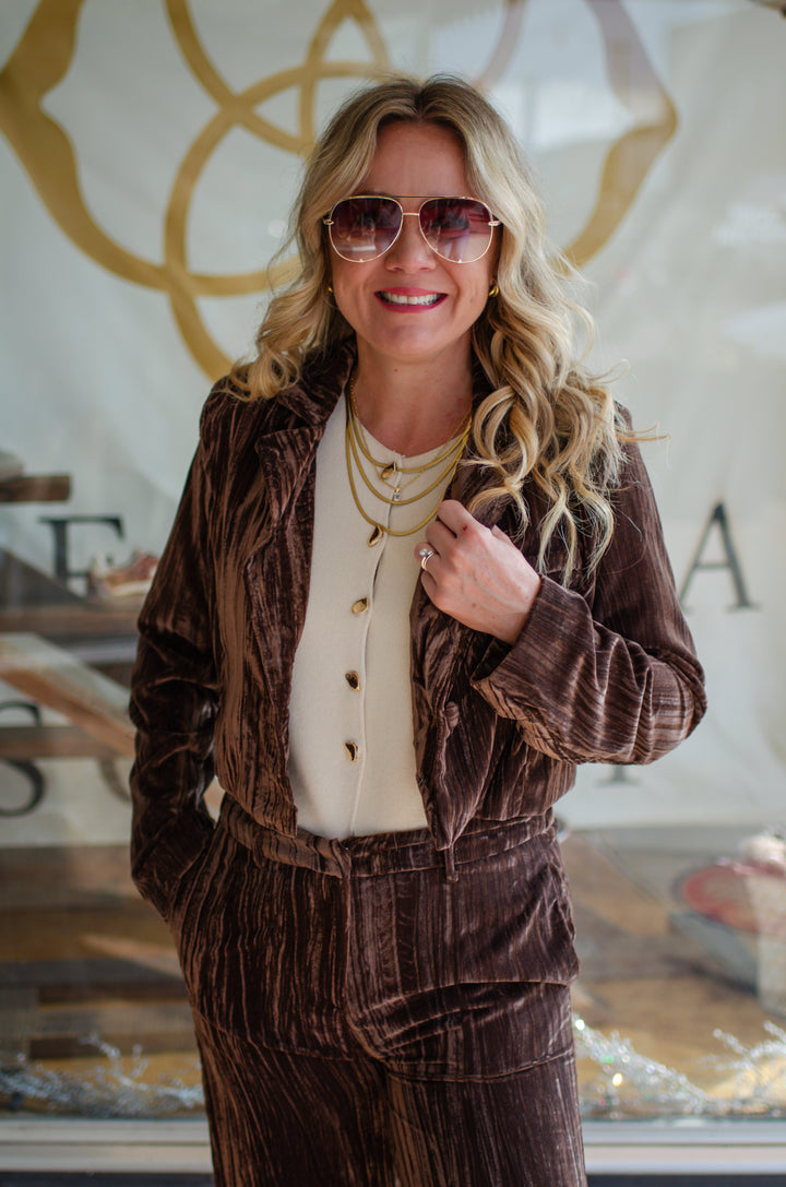 Pure Luxury Chocolate Brown Crushed Velvet Blazer Jacket