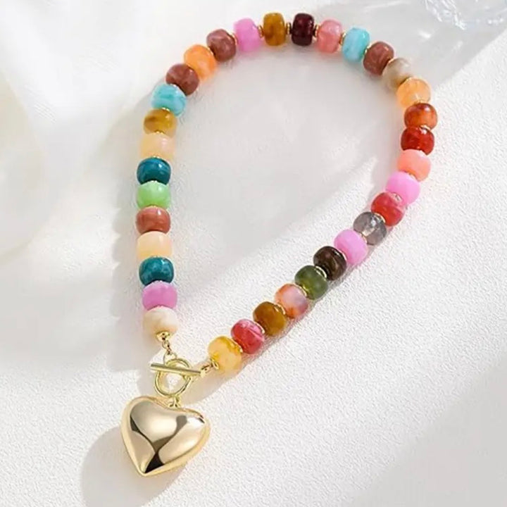 Multi Color Resin Beaded Heart Charm Necklace