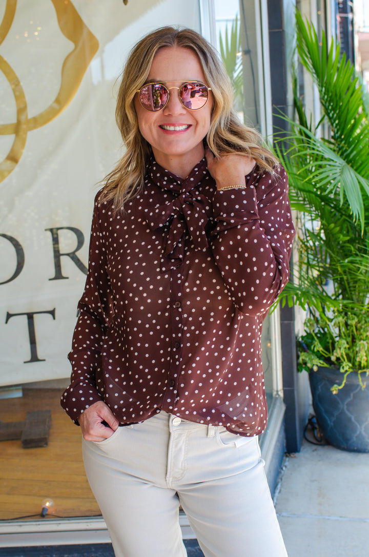 Spot On Polka Dot Neck button down Tie Top in Chocolate