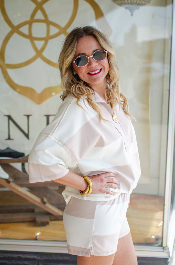 Take Your Time Blush & Cream 3/4 Zip Short Sleeve Top