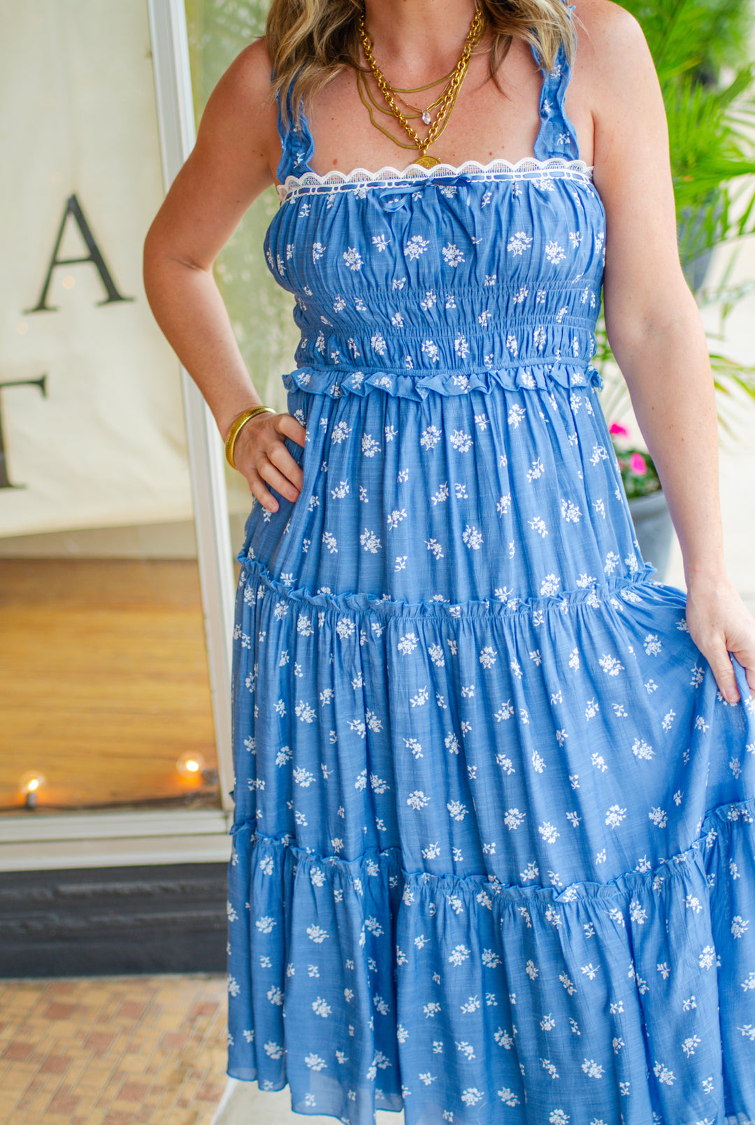 Sweet Symphony Blue Floral Print Corset Top Maxi Dress