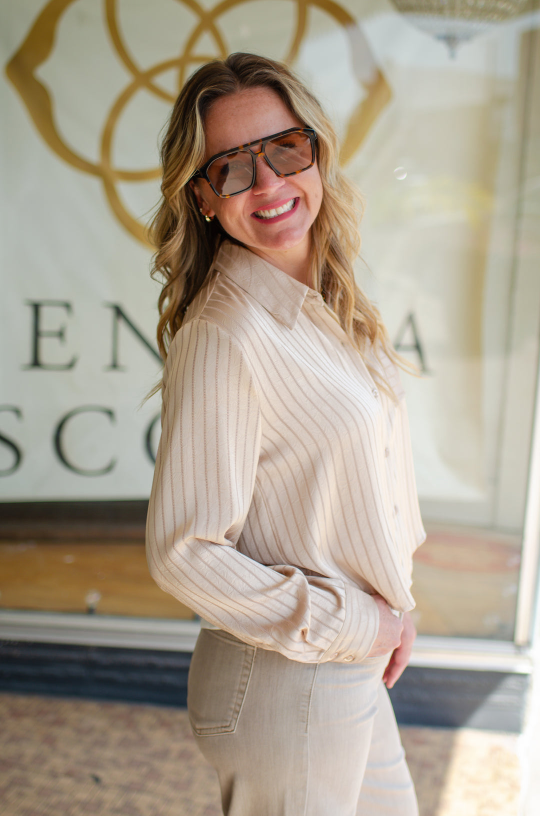 Make Your Moment Stripe Champagne Button Up Top