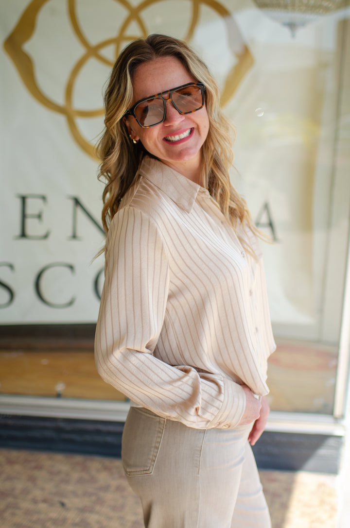 Make Your Moment Stripe Champagne Button Up Top