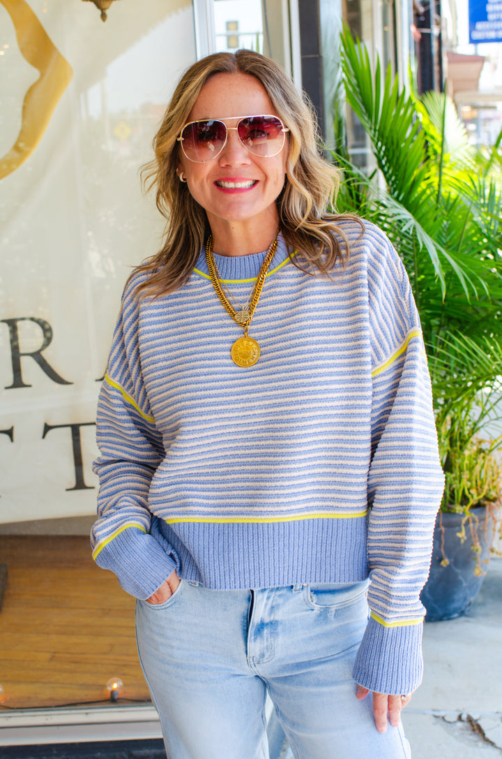 Get Cozy Soft Ribbed Knit Round Neck Color Block Sweater in Light Blue