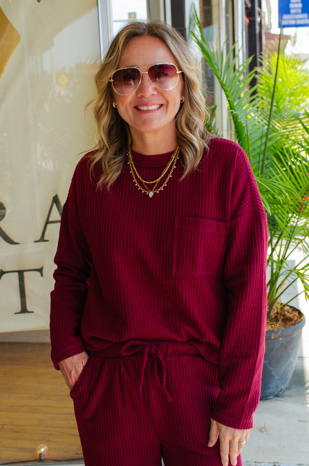 Make Your Way Thermal Pocket Long Sleeve Top in Burgundy