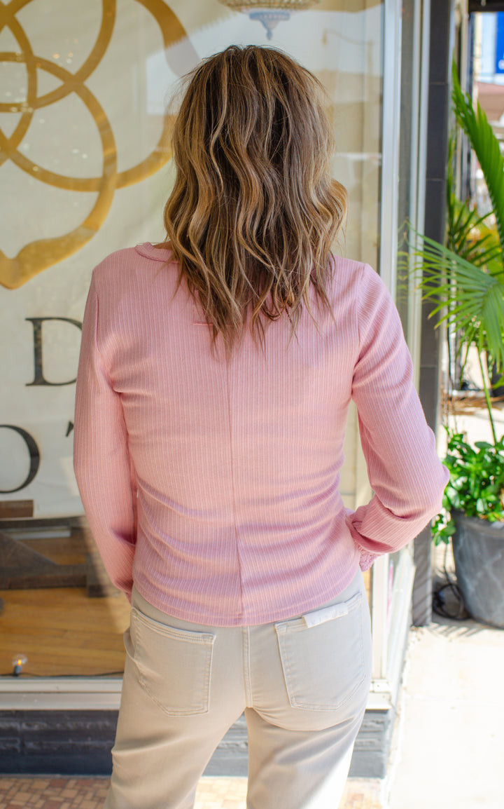 Make You Mine Crochet Lace Sleeve Button Down Henley Top in Blush