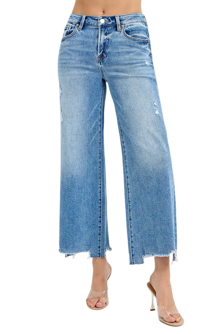 Risen High Rise Crop wide leg jeans in Medium Wash