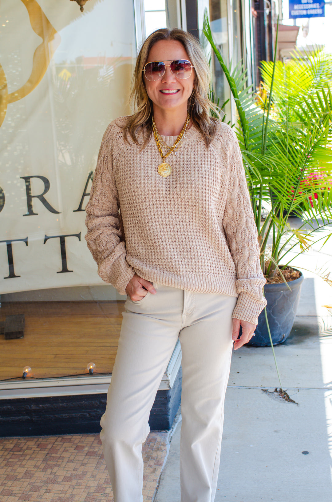 Warm Embrace Soft Chenille Cable Knit Sweater in Camel