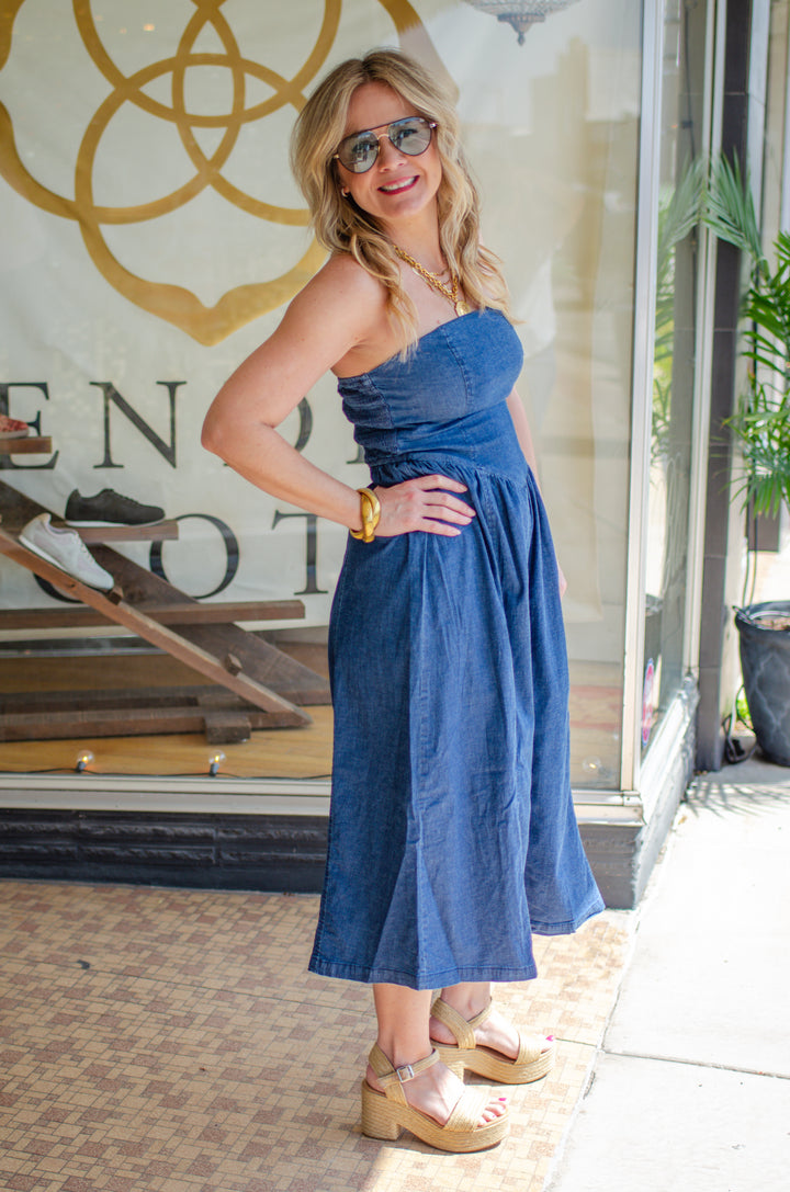 Simply Charmed Denim Strapless Midi Dress in Dark Wash