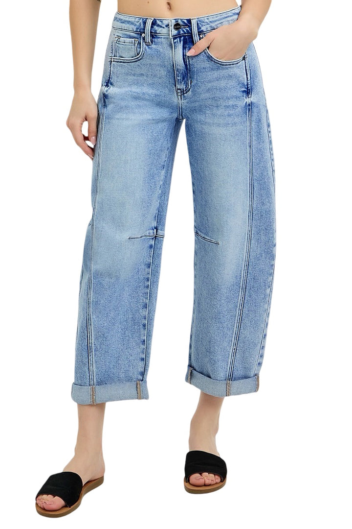 Risen High Rise Boyfriend Cuffed Barrel Jeans in Medium Wash