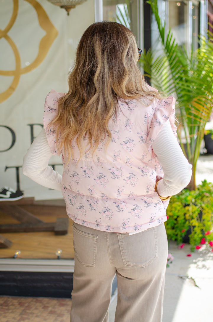 Fancy Floral Puffer Vest with Ruffle Detail in Pink