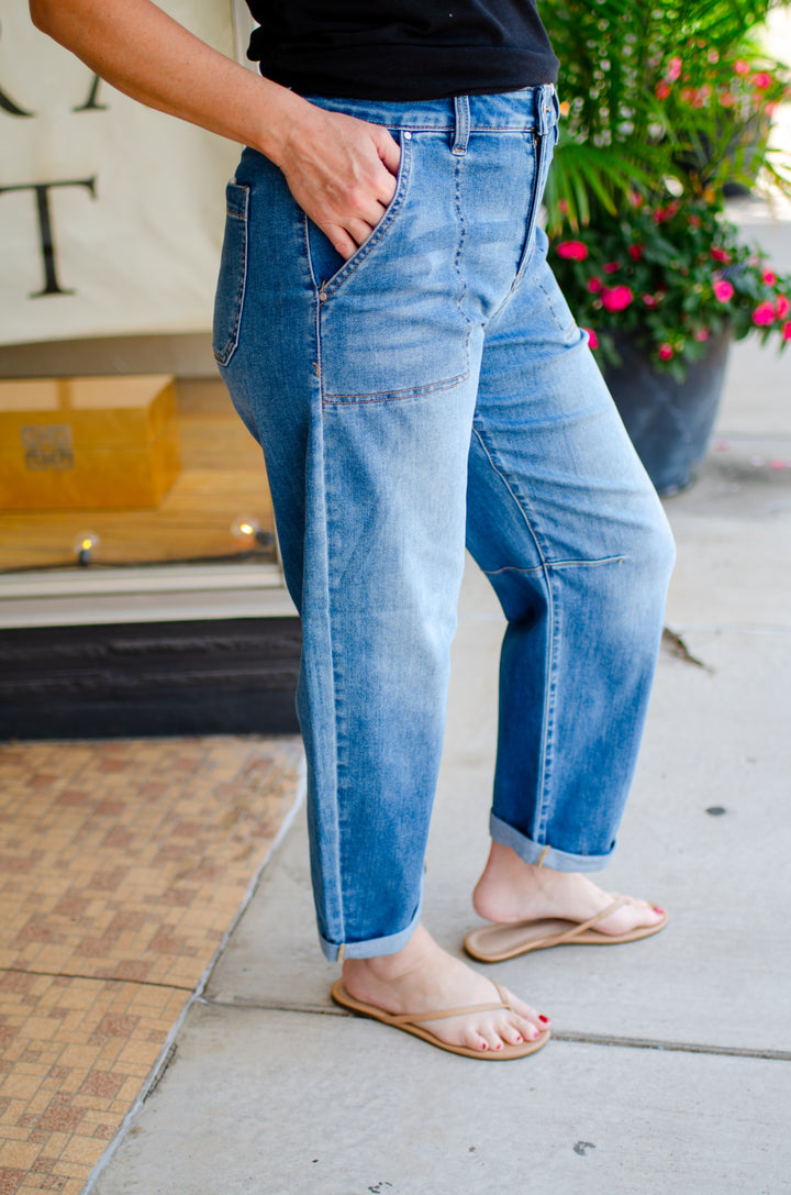 Risen Slouchy Relaxed Barrel Patch Pocket Jeans in Medium Wash