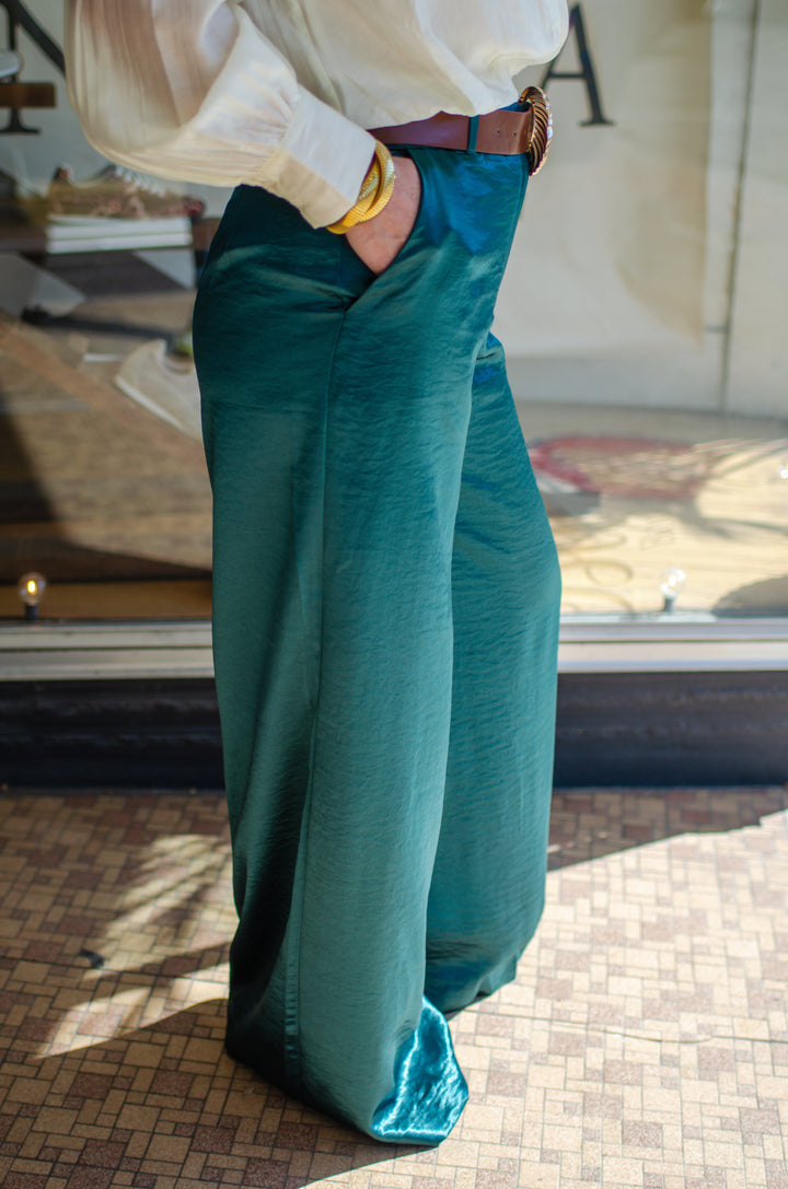 Elevated Style Silky Wide Leg Pants in Emerald Green