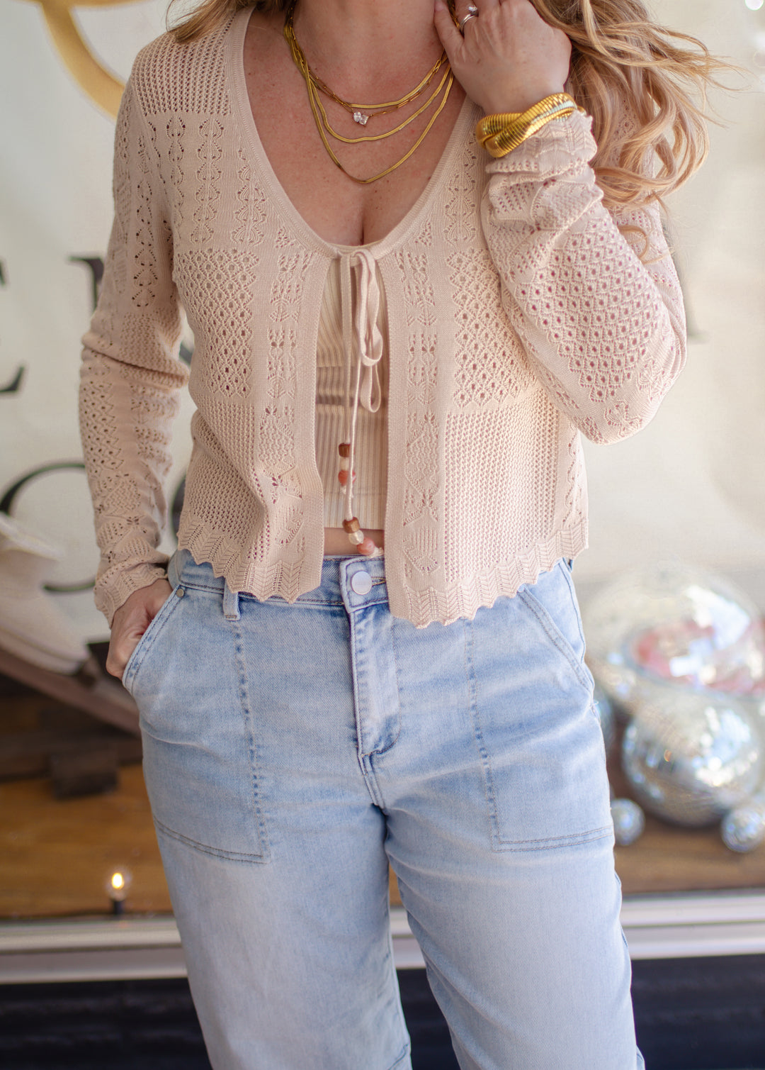 Summer Love Crochet Knit Long Sleeve Tie Front Cardigan in Natural