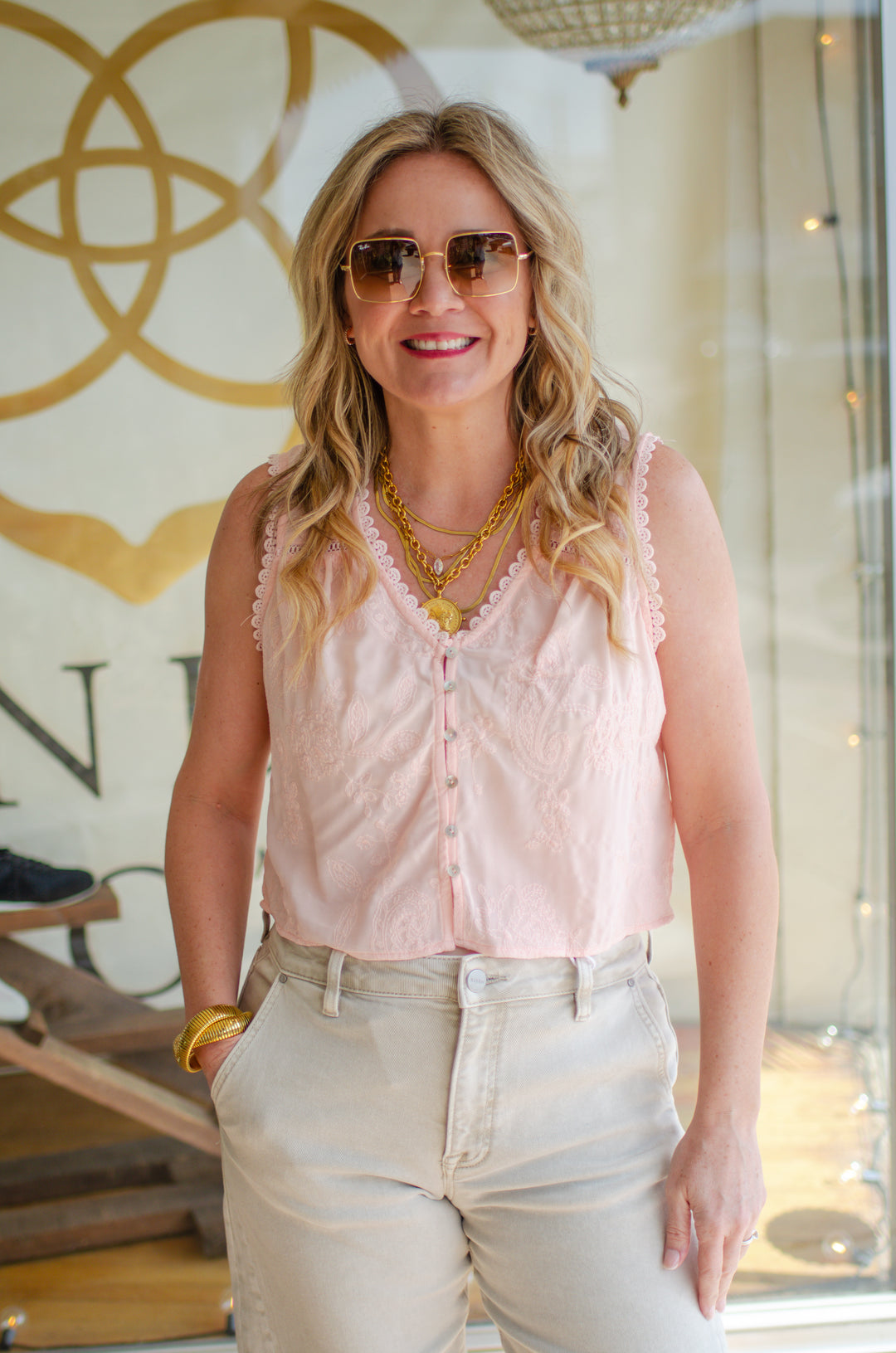 Sweet Selections Embroidered Lace Trim Top in Blush