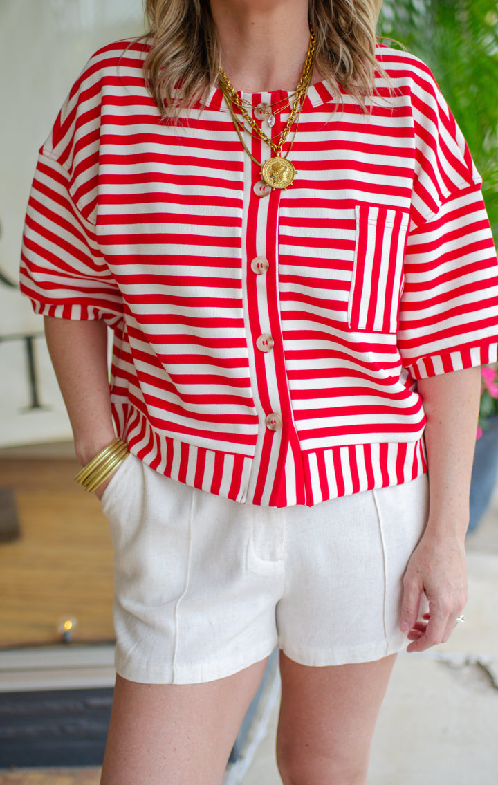 Bold Moments Stripe Pocket Short Sleeve Top in Red