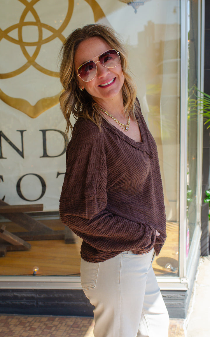 Our Time Textured V-Neck Long Sleeve Top in Chocolate