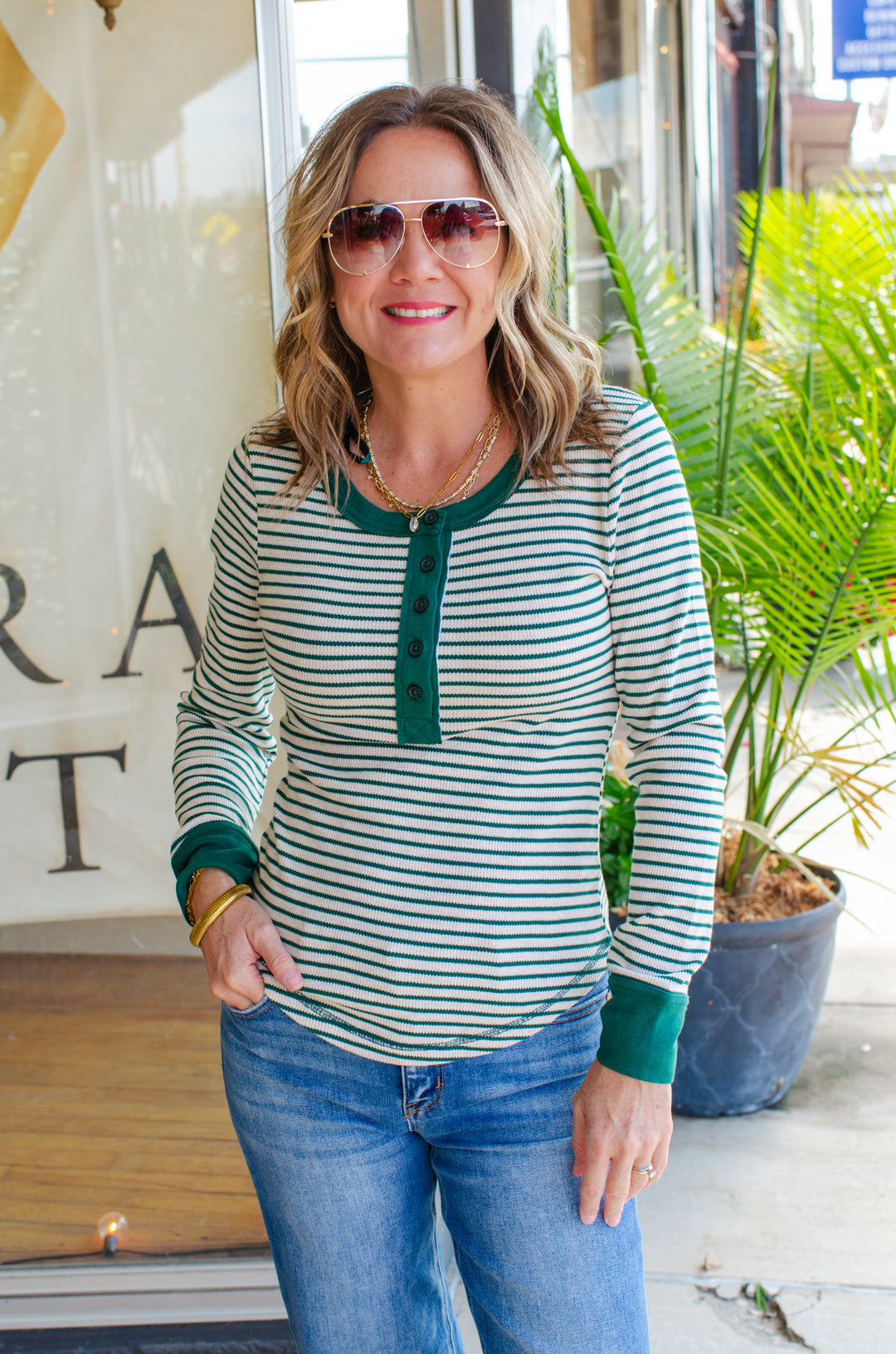 Fall Moment Stripe Henley Top in Oatmeal & Green Mix