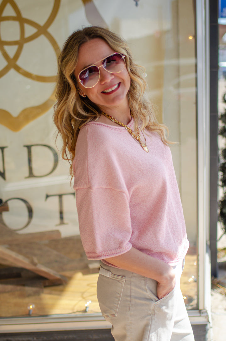 Spring Morning Cozy Knit Drop Shoulder Sweater Top in Pink