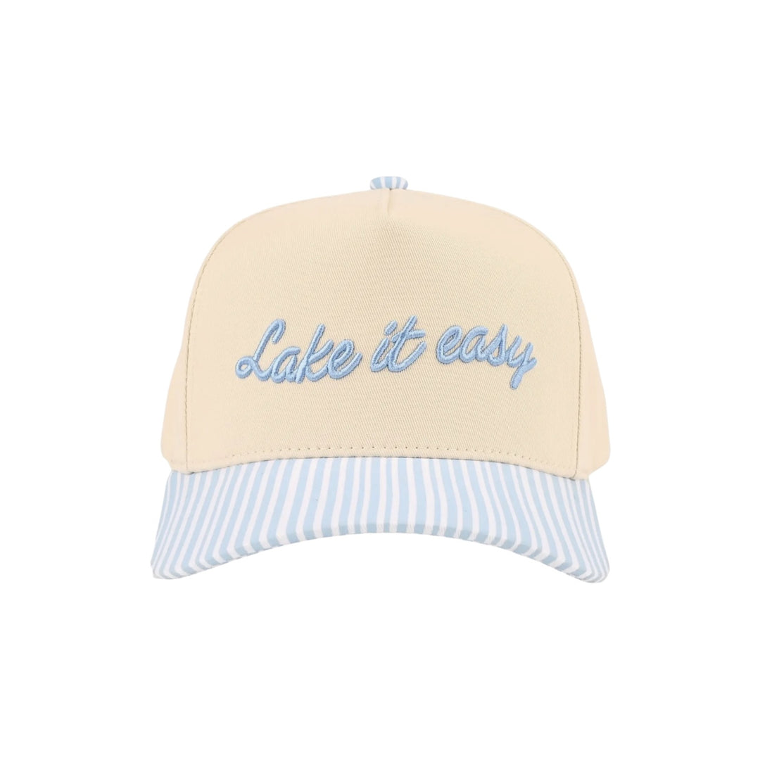 Lake It Easy Light Blue Letter Embroidered Two Tone Light blue Stripe Trucker Hat