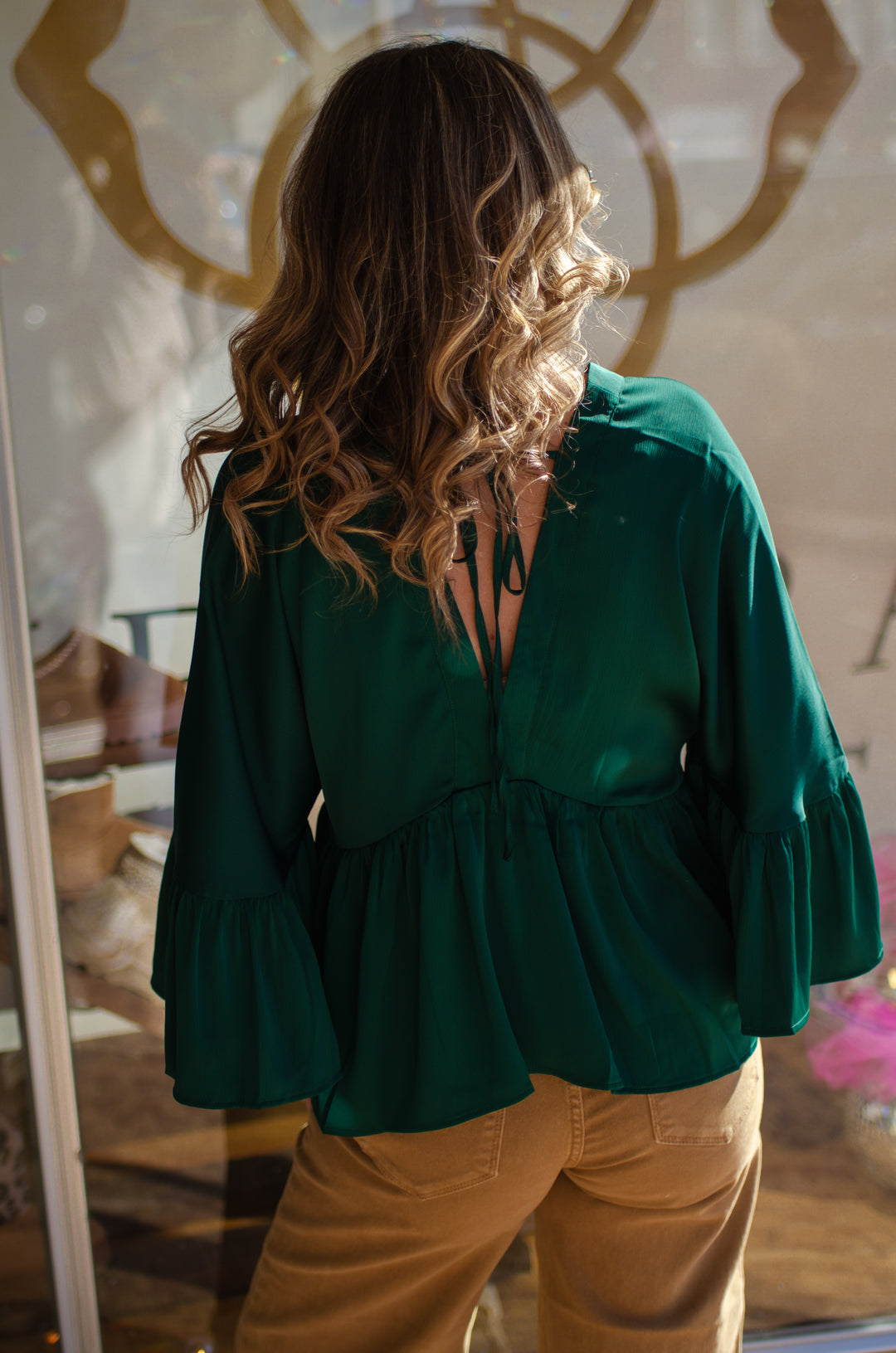 Heartbreaker Bell Sleeve Satin Top in Hunter Green