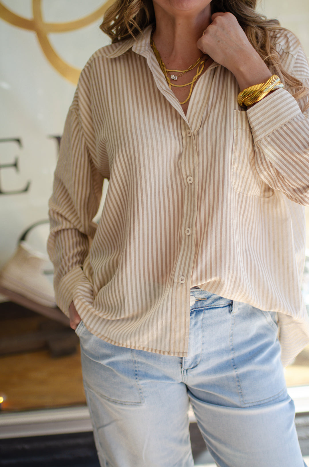 See Trough You Stripe Sheer Button Down Collared Top in Taupe