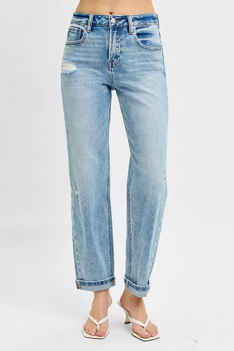 Risen High Rise Ankle Boyfriend Distressed Jeans in Light Wash