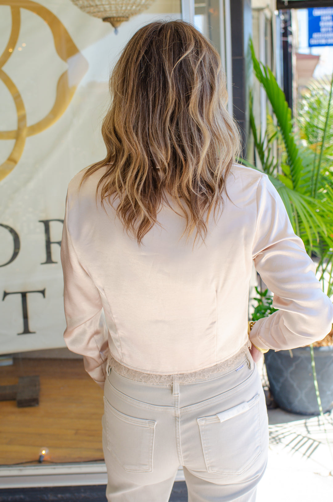 Winter Wonder Satin Lace Hem Button Down Blouse in Champagne