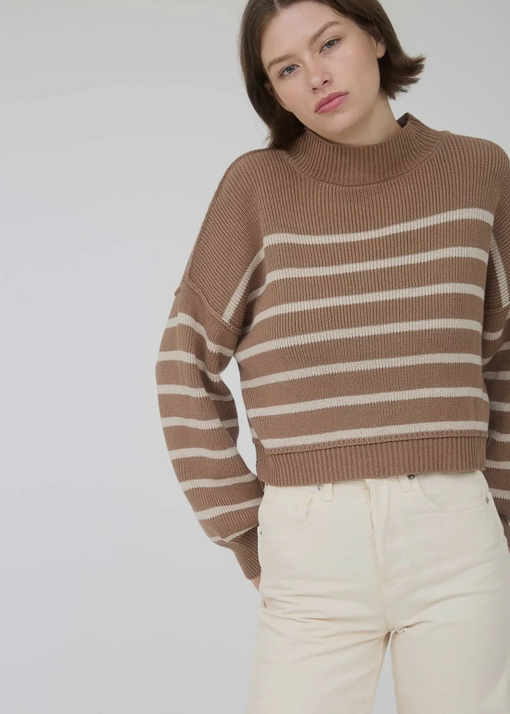 Cafe Latte Stripe Mock Neckline Long Sleeve Sweater in Cocoa