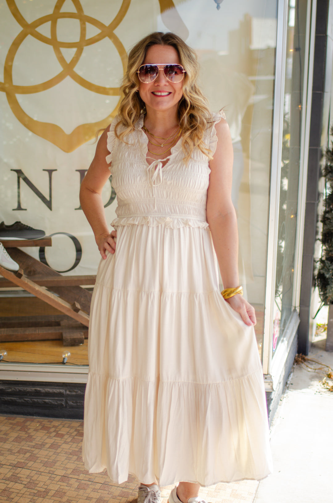 cream tiered dress PrettyLittleThing Women's Premium Lace Tiered Ruffle Frill Halterneck Maxi Dress in Cream