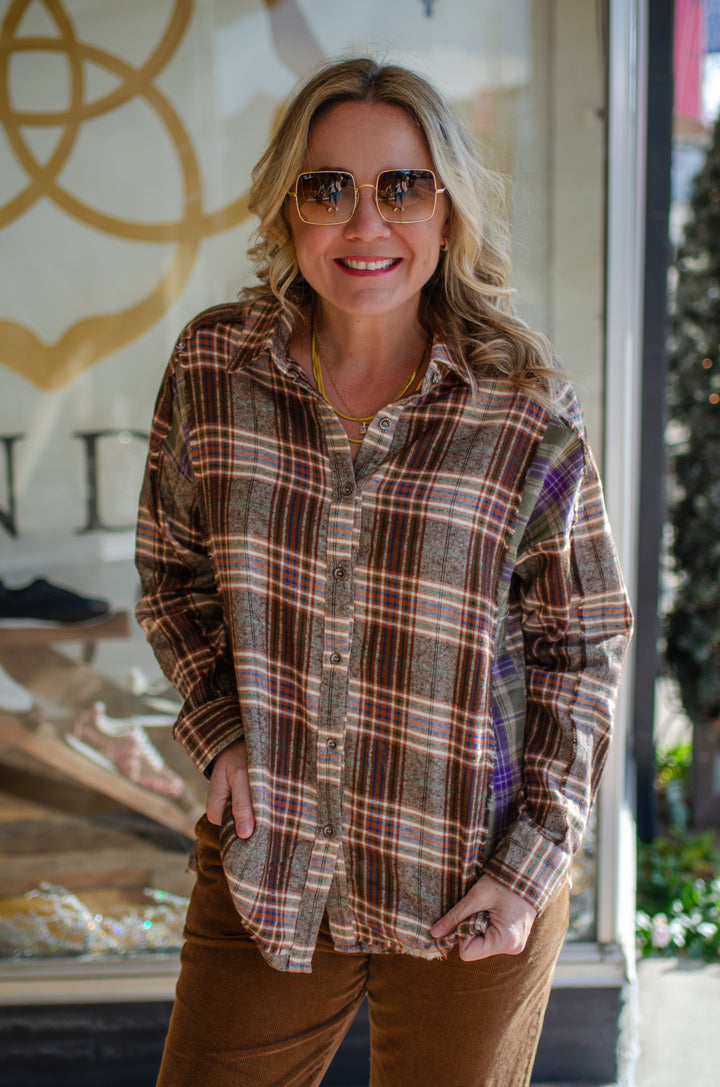 Fall In Love Plaid Button Down Top in Mocha