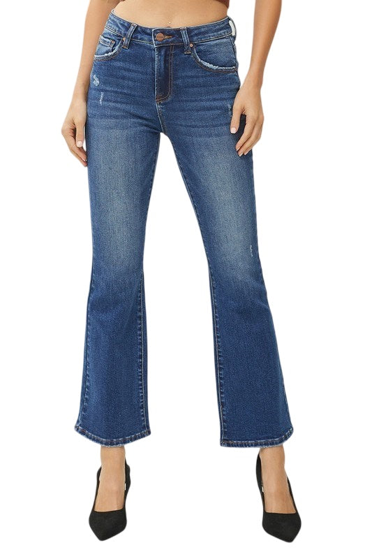 Risen High Rise Ankle Flare Crop in Dark Wash