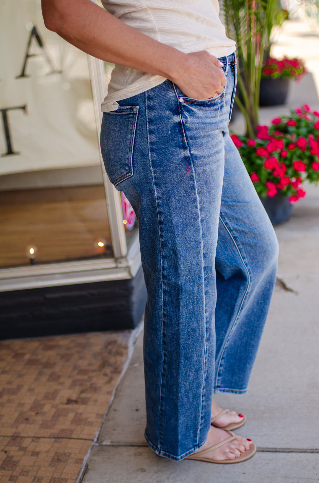 Risen High Rise Crop Length Barrel Jeans in Dark Wash