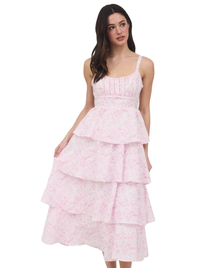 Perfectly Poised Ruffle Bow Back Midi Dress in Pink Toile