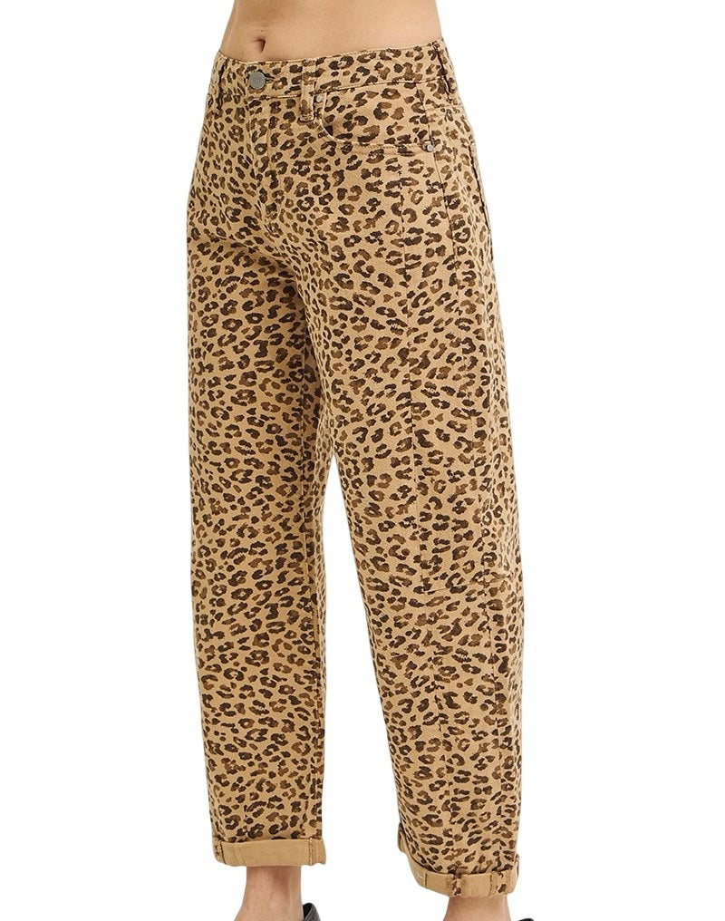 Risen Slouchy Cropped Barrel Leopard Pant in Camel