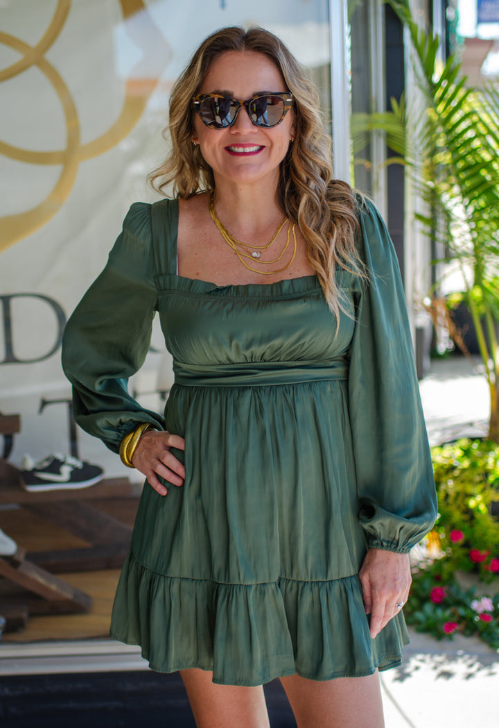 Emerald Wishes Silky Gathered Swing Dress