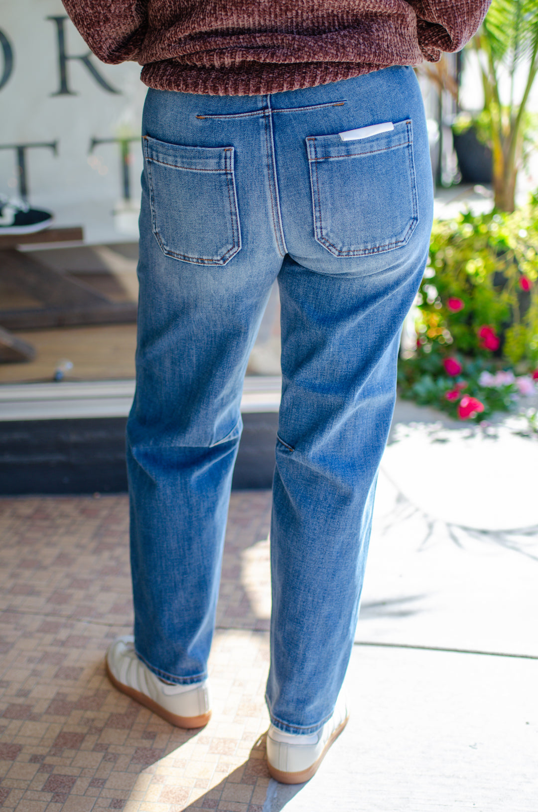 Risen 4 Way Stretch Mid Rise Barrel Leg Jeans in Dark Wash