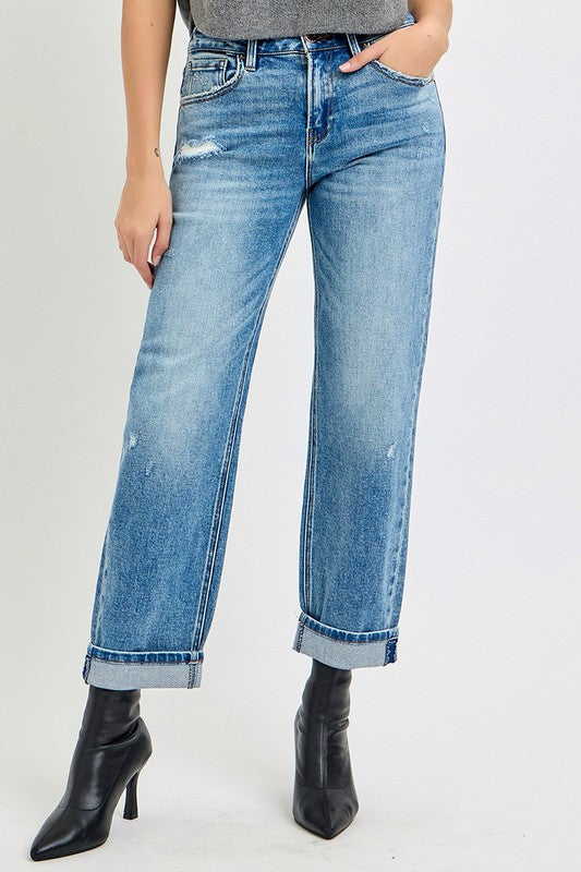 Risen High Rise Ankle Boyfriend Distressed Jeans in Medium