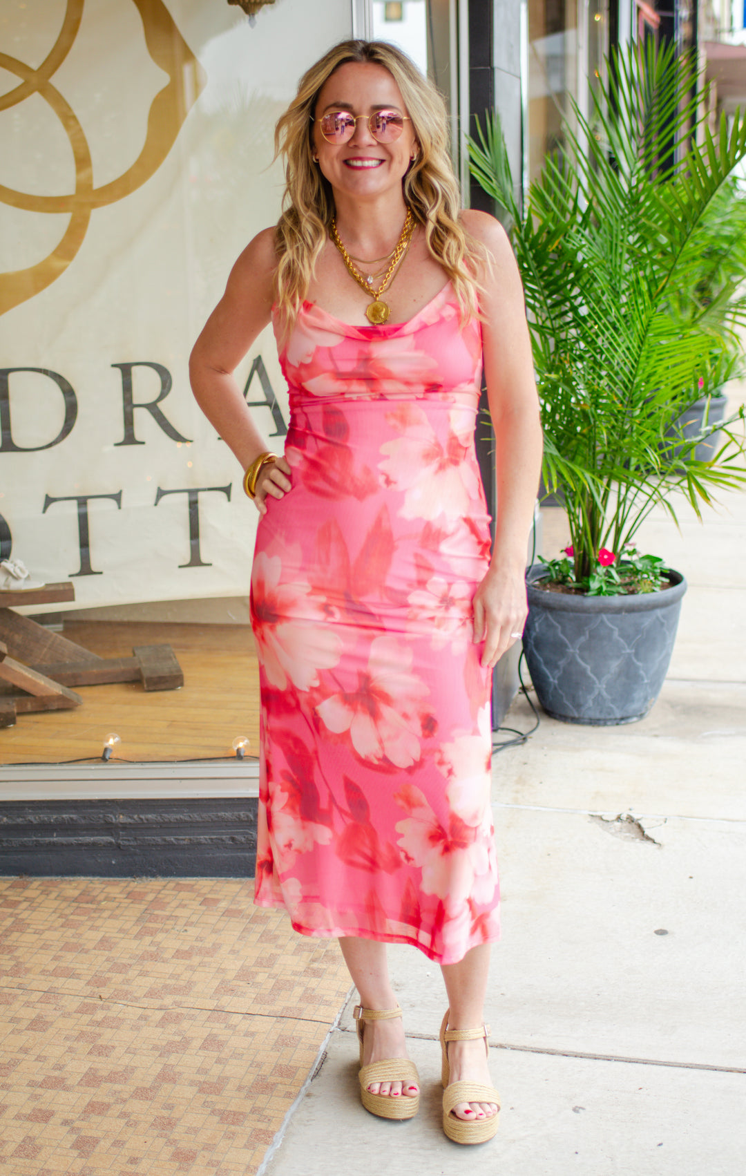 Floral Dreams Cowl Front Spaghetti Strap Mesh Dress