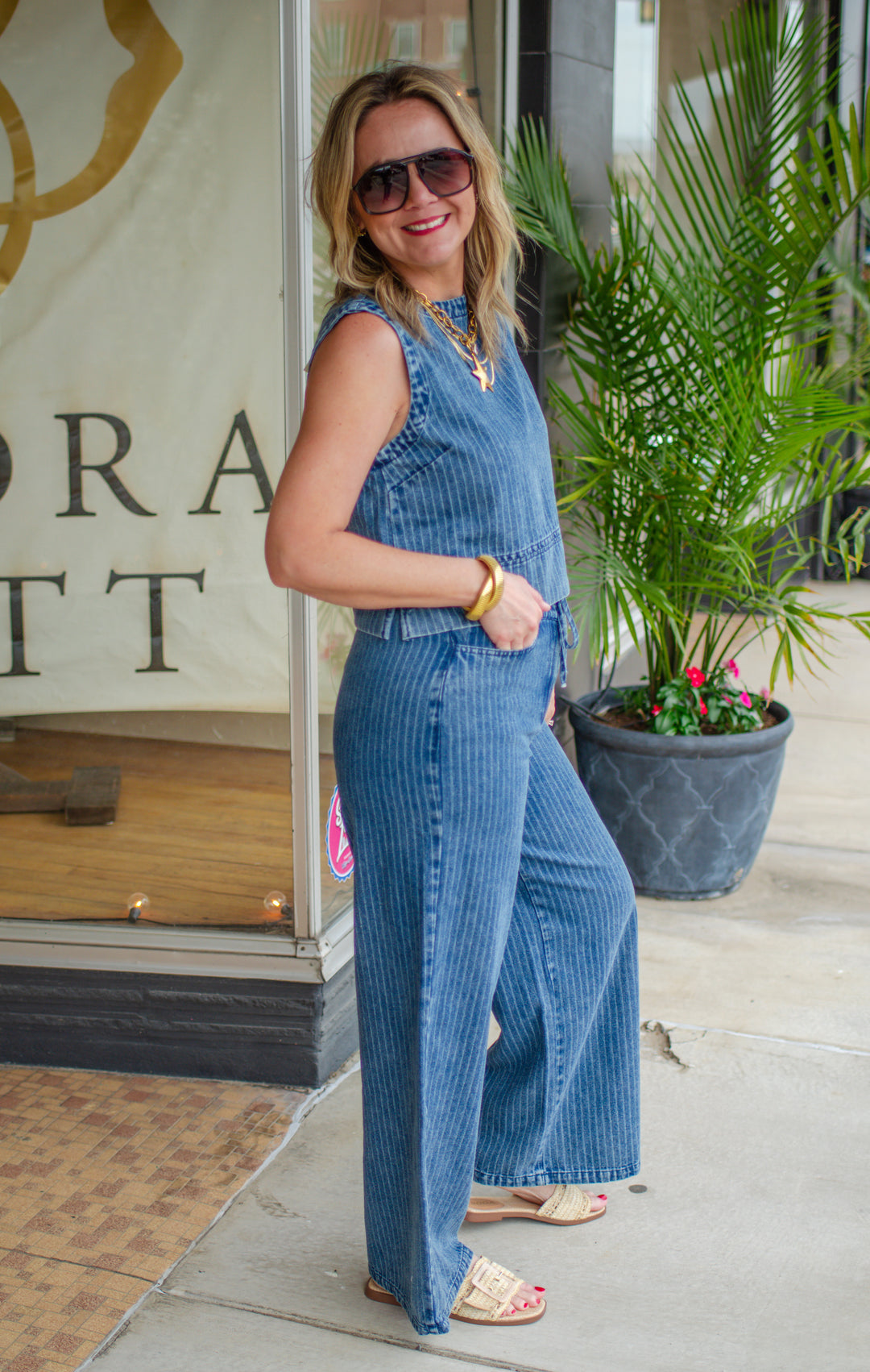 Bold Denim Pinstripe Stretch Tie Front Wide Leg Pants in Dark Denim