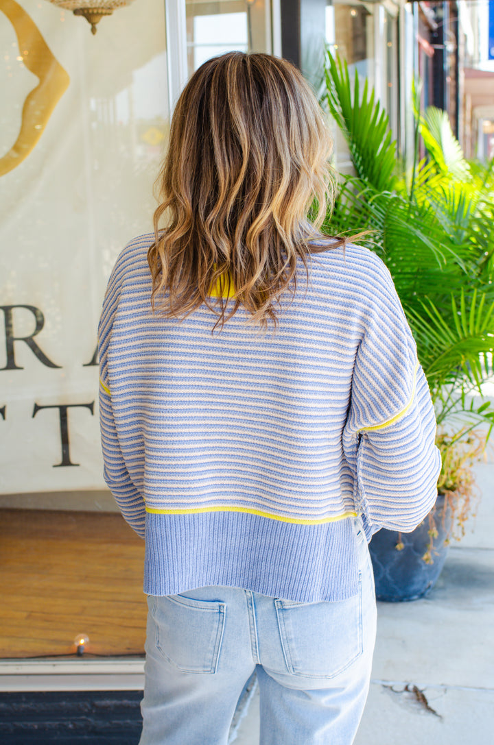 Get Cozy Soft Ribbed Knit Round Neck Color Block Sweater in Light Blue
