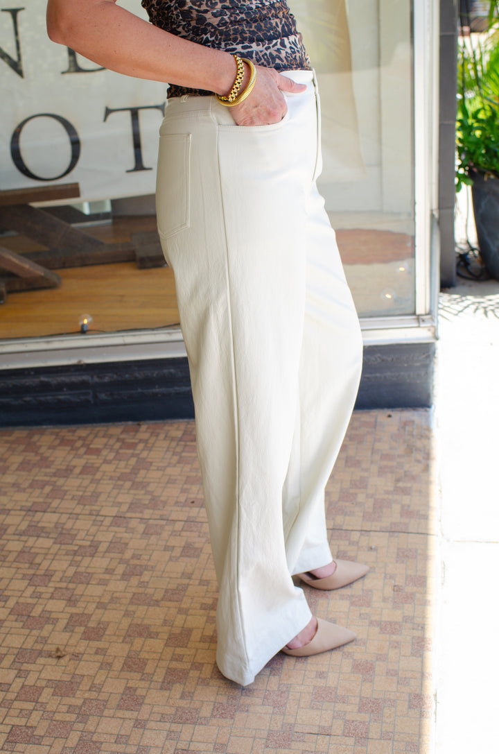 In Stride Faux Leather Gold Button Wide Leg Pant in Cream