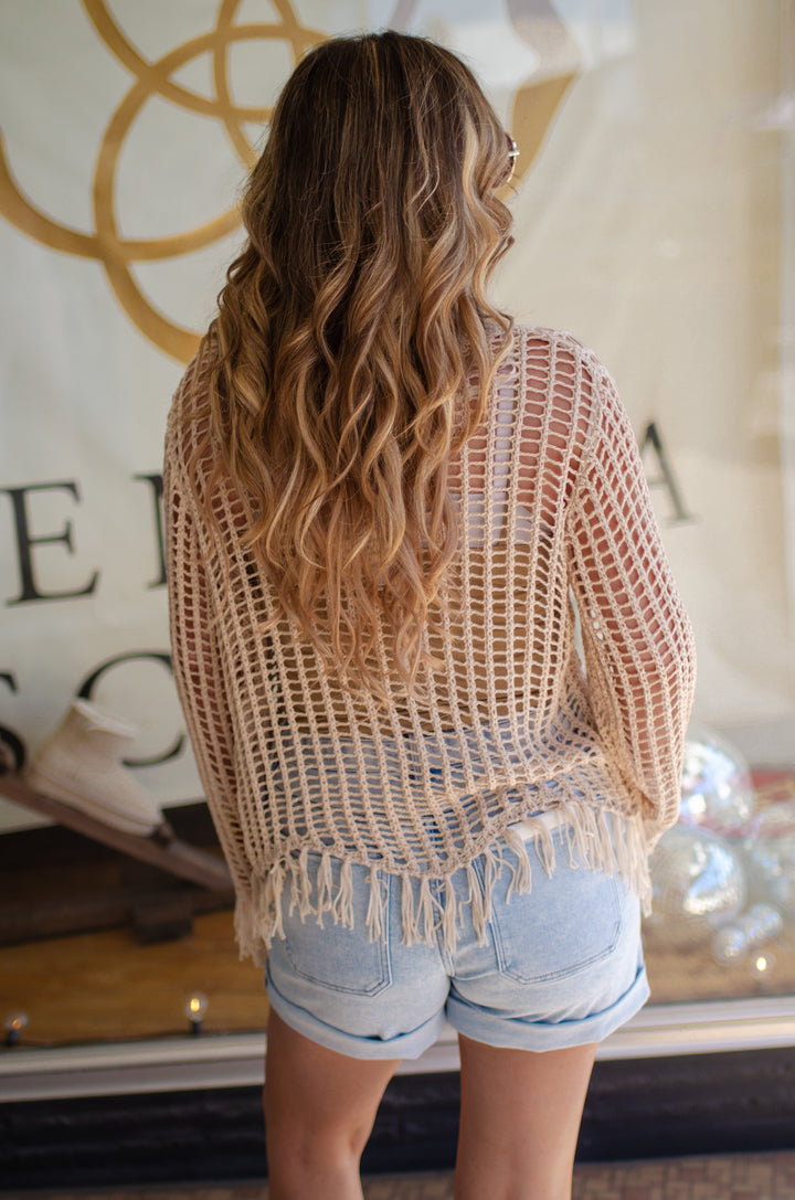 Feeling The Fringe Crochet Knit Long Sleeve Top in Natural