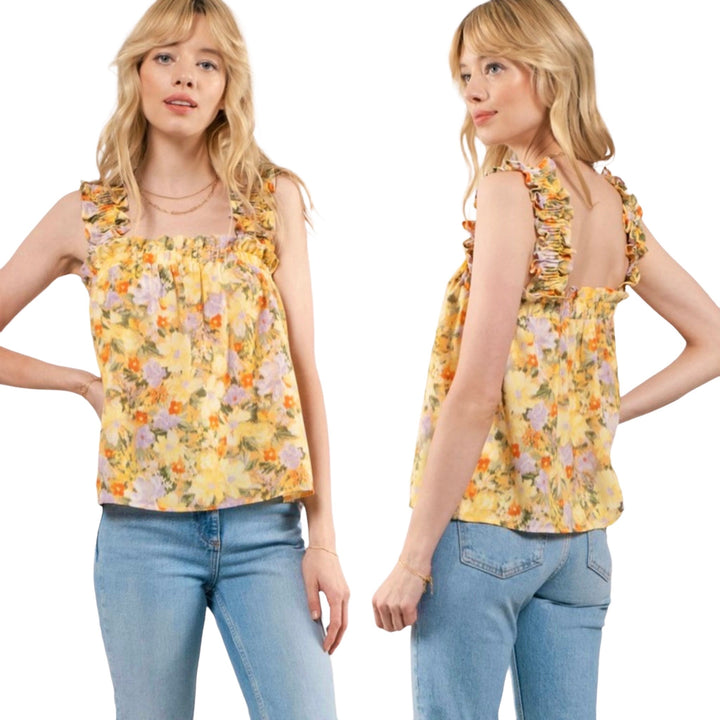 Bouquet Floral Scrunch Sleeve Tank Top in Yellow