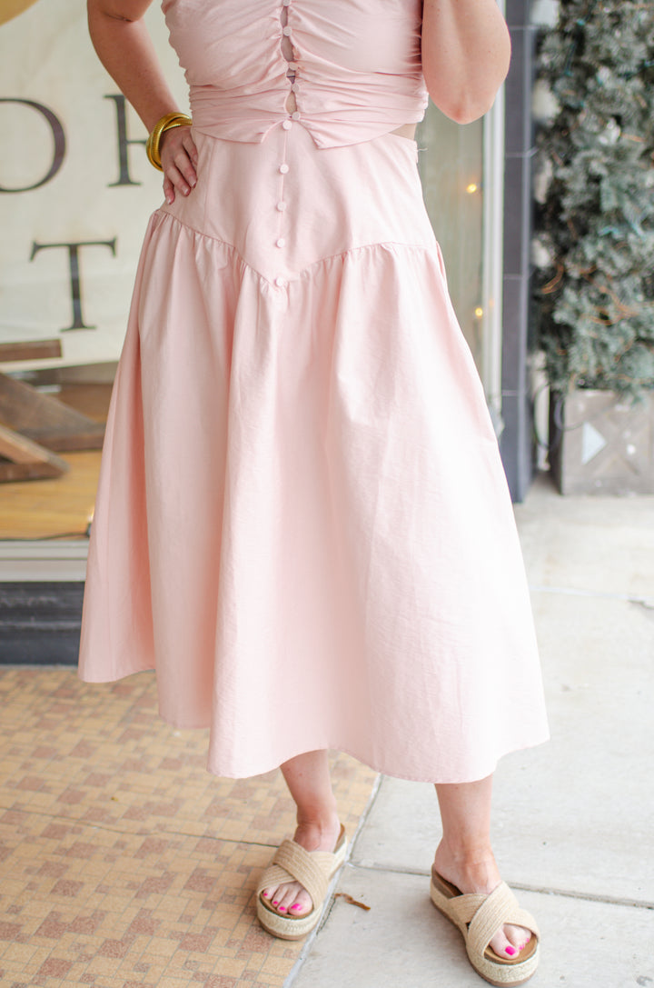 Precious Moments High Rise Button Down Skirt in Blush