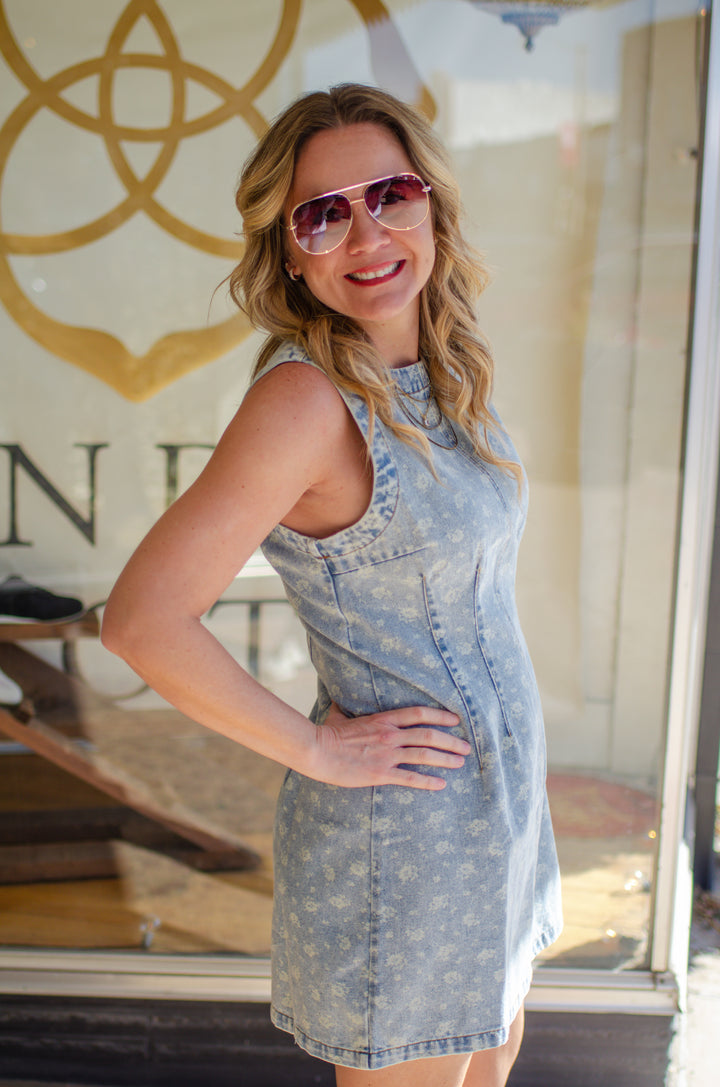 Denim Bleached Floral Print Ruched Waistline Dress