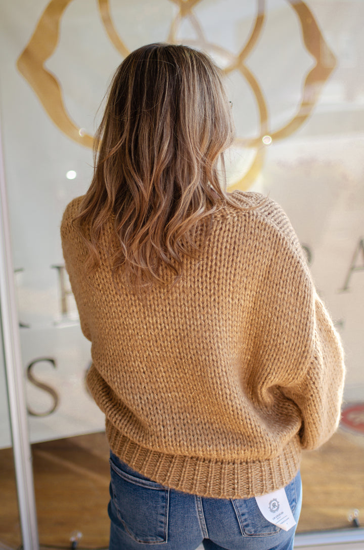 Forever Intertwined Metallic Gold & Canel V-Neck Knit Sweater