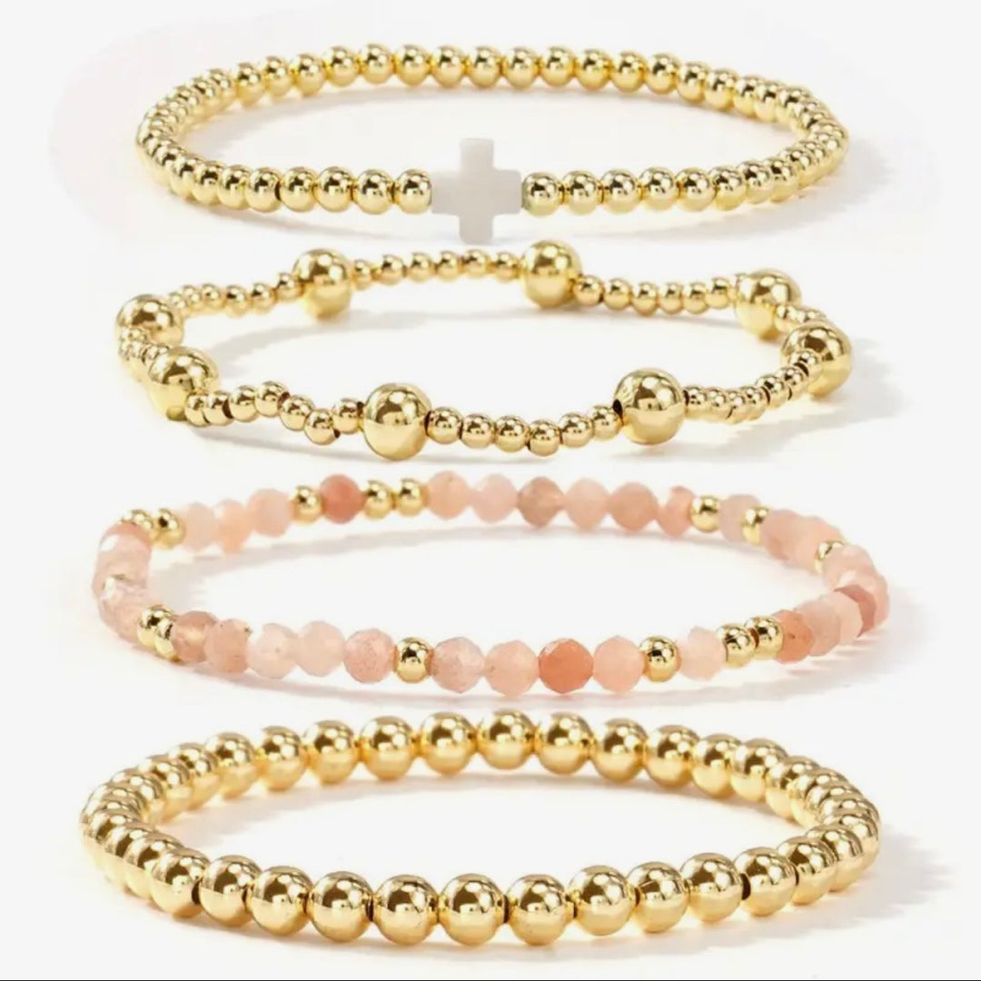 Boho Cross Multi Gold Beaded Stretch Bracelet Set of 4 in White